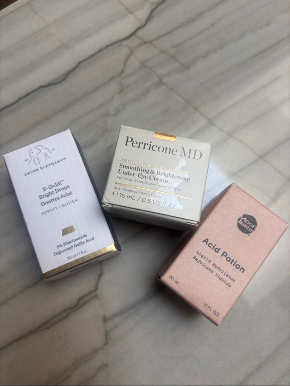 Perricone MD Eye Cream - Cream/ Drunk Elephant B- Goldie/ Moon Juice Acid Potion